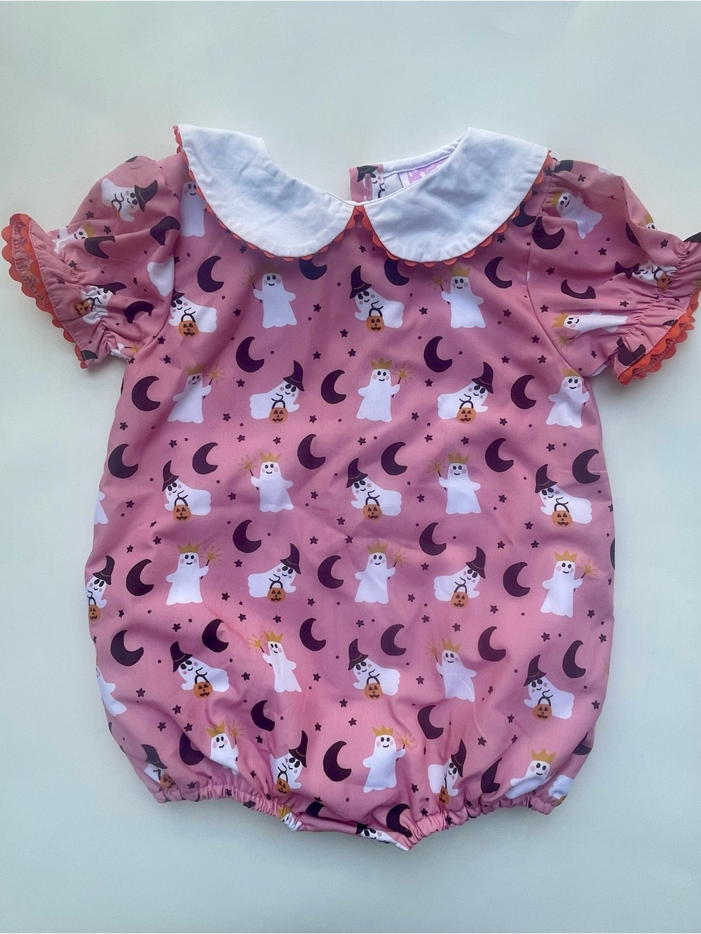 Poppy Kids Co Halloween Ghost Pink Baby Girl Bubble Romper Peter Pan Collar 24M